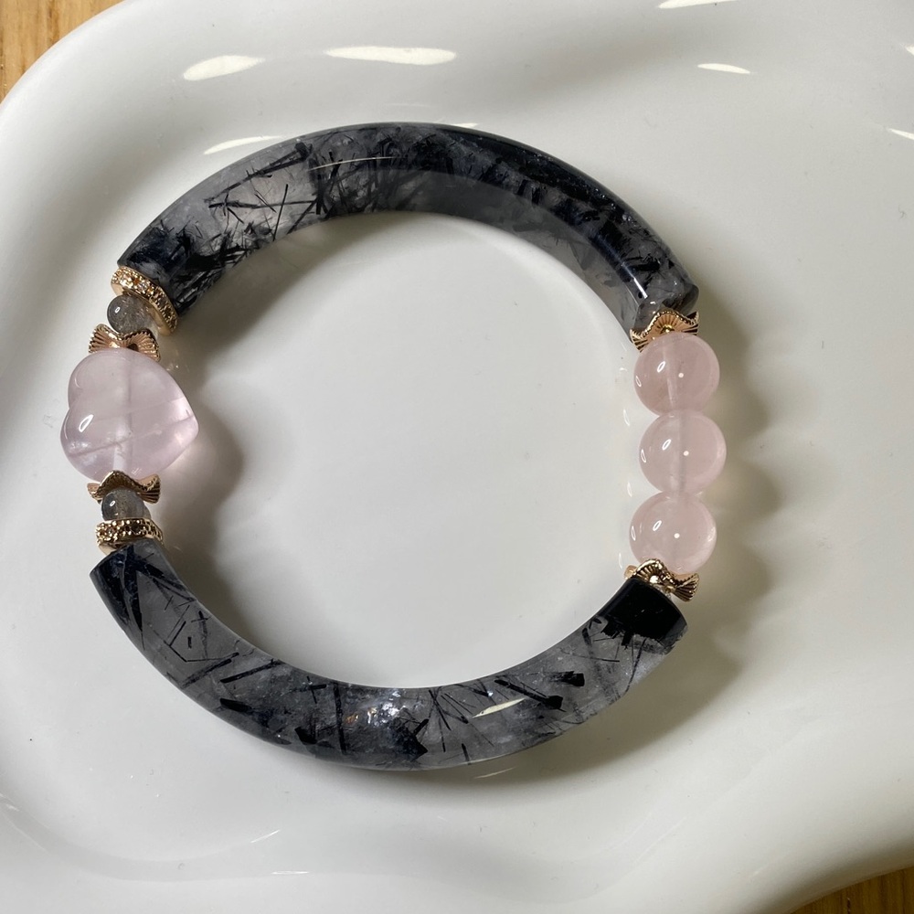 Black Tourmaline & Rose Quartz Heart Bangle Bracelet • Gold Accents • Protective - Picture 2 of 9